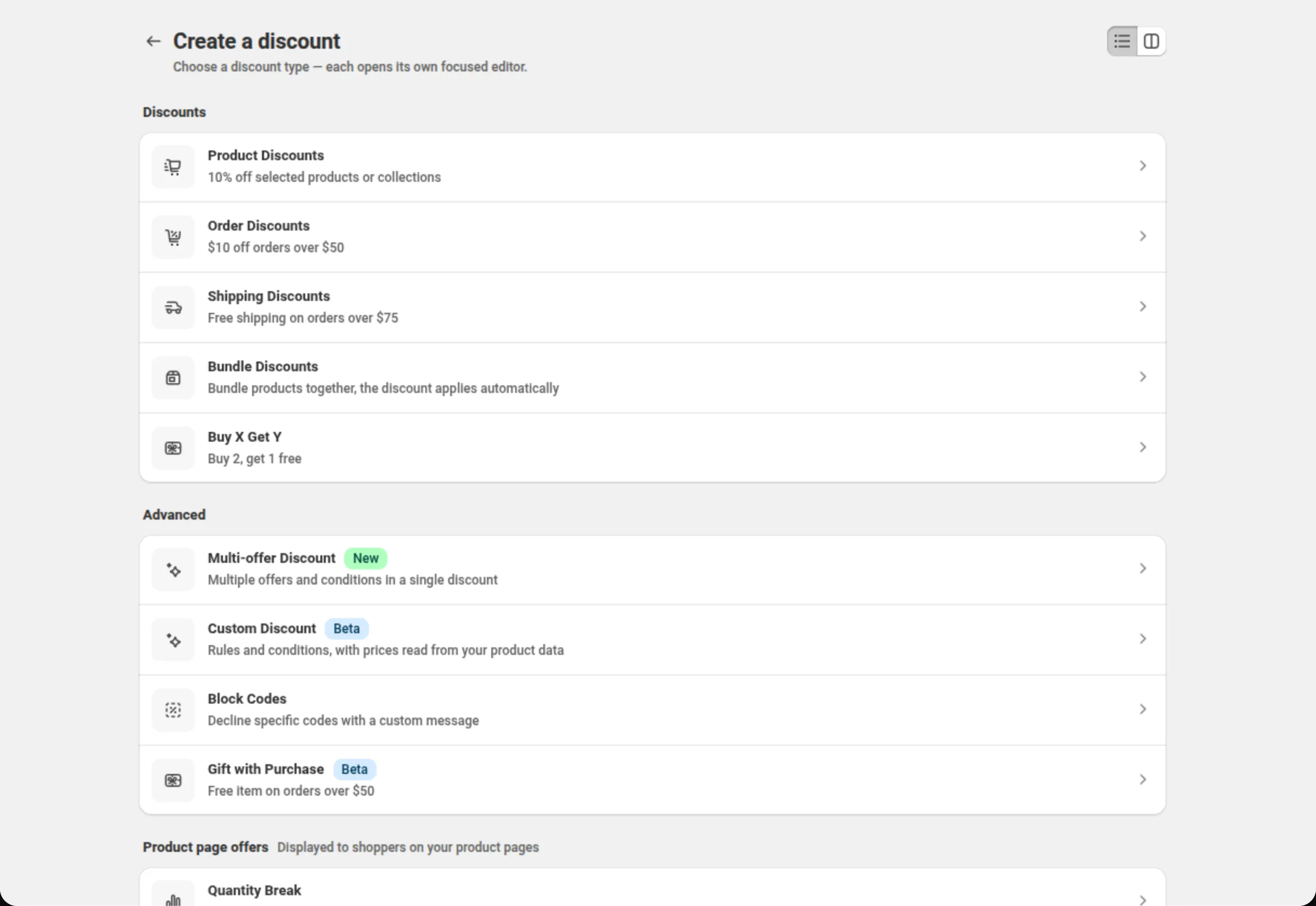 The Create a discount chooser, listing Product Discounts, Order Discounts, Shipping Discounts, Bundle Discounts and Buy X Get Y under Discounts, then Multi-offer Discount (New), Custom Discount (Beta), Block Codes and Gift with Purchase (Beta) under Advanced.