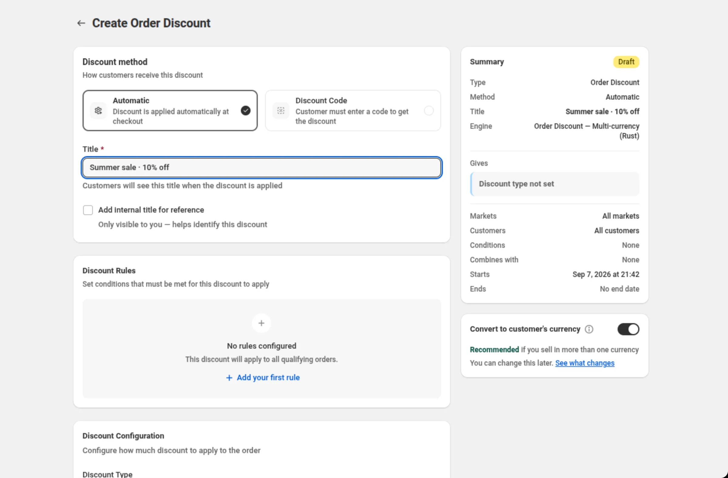 The Discount method card with Automatic selected and the Title field reading Summer sale · 10% off