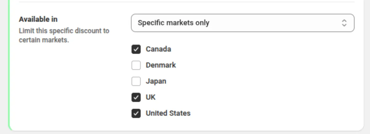 The Available in setting on one DiscountOS offer card: Specific markets only is selected, with Canada, UK and United States ticked and Denmark and Japan left unticked.