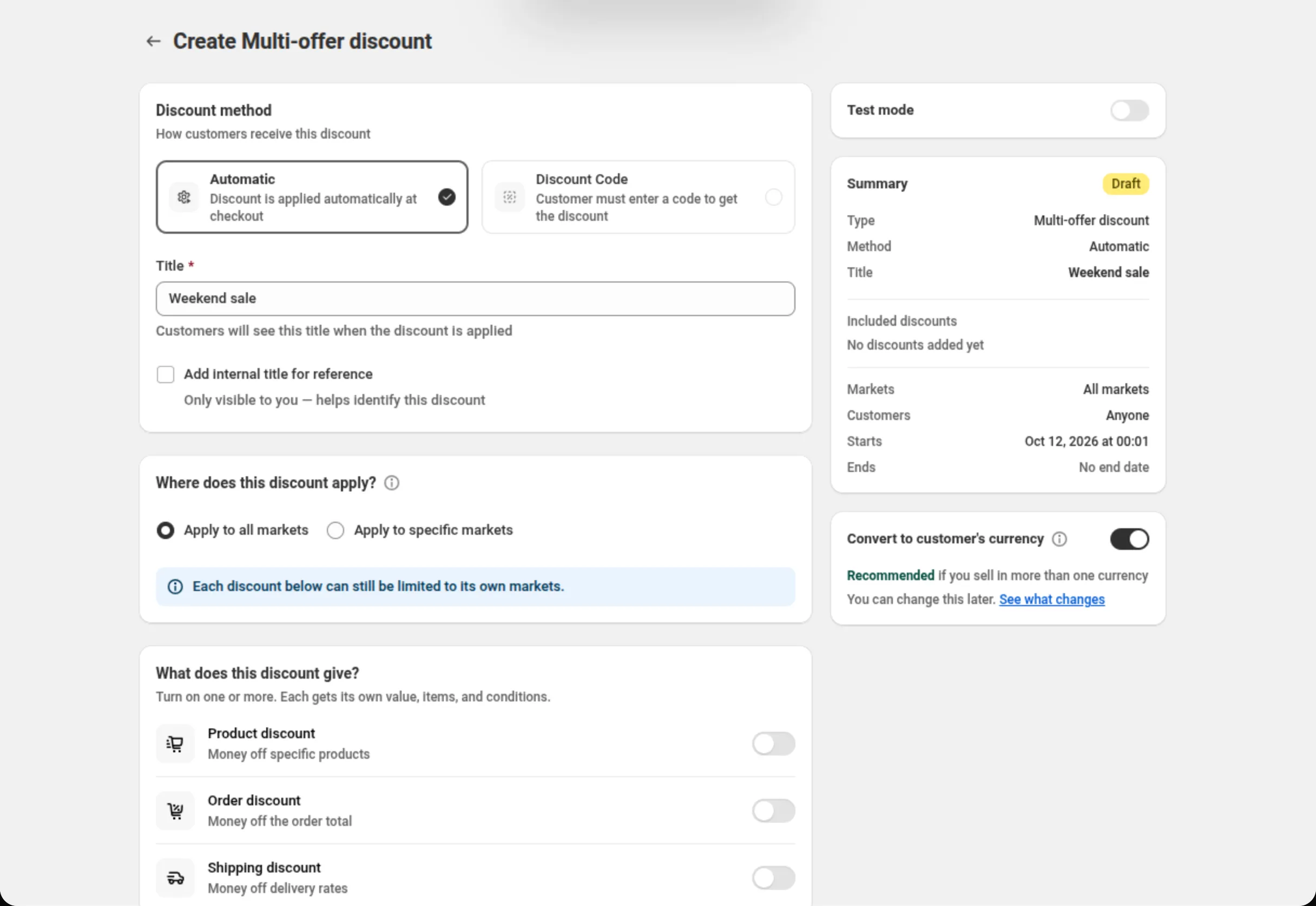 A multi-offer discount with the Convert to customer's currency card in the right column switched on