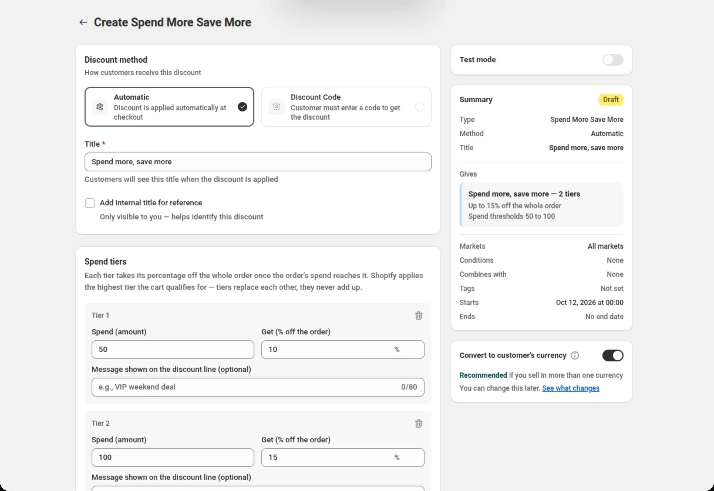 The Create Spend More Save More page with the Title field reading Spend more, save more, the Spend tiers card showing Tier 1 at spend 50 for 10% and Tier 2 at spend 100 for 15%, each with a Message shown on the discount line field, and the Summary and Convert to customer's currency cards on the right. Above the Summary, the Test mode card, switched off