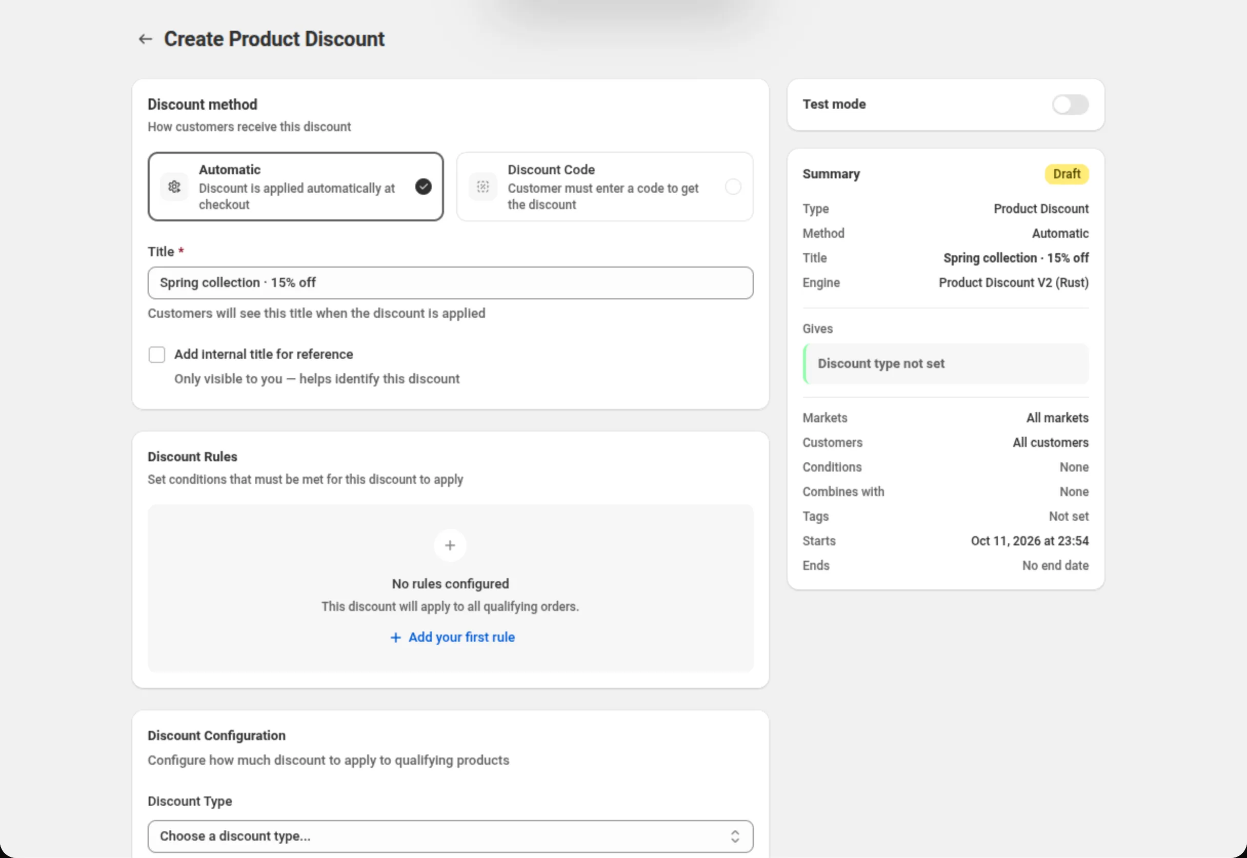 The Create Product Discount page with the Discount method card set to Automatic, the Title field reading Spring collection · 15% off, an empty Discount Rules card, and a Summary card showing Type, Method, Title, Engine, Gives, Markets, Customers, Conditions, Combines with, Tags, Starts and Ends. Above the Summary, the Test mode card, switched off