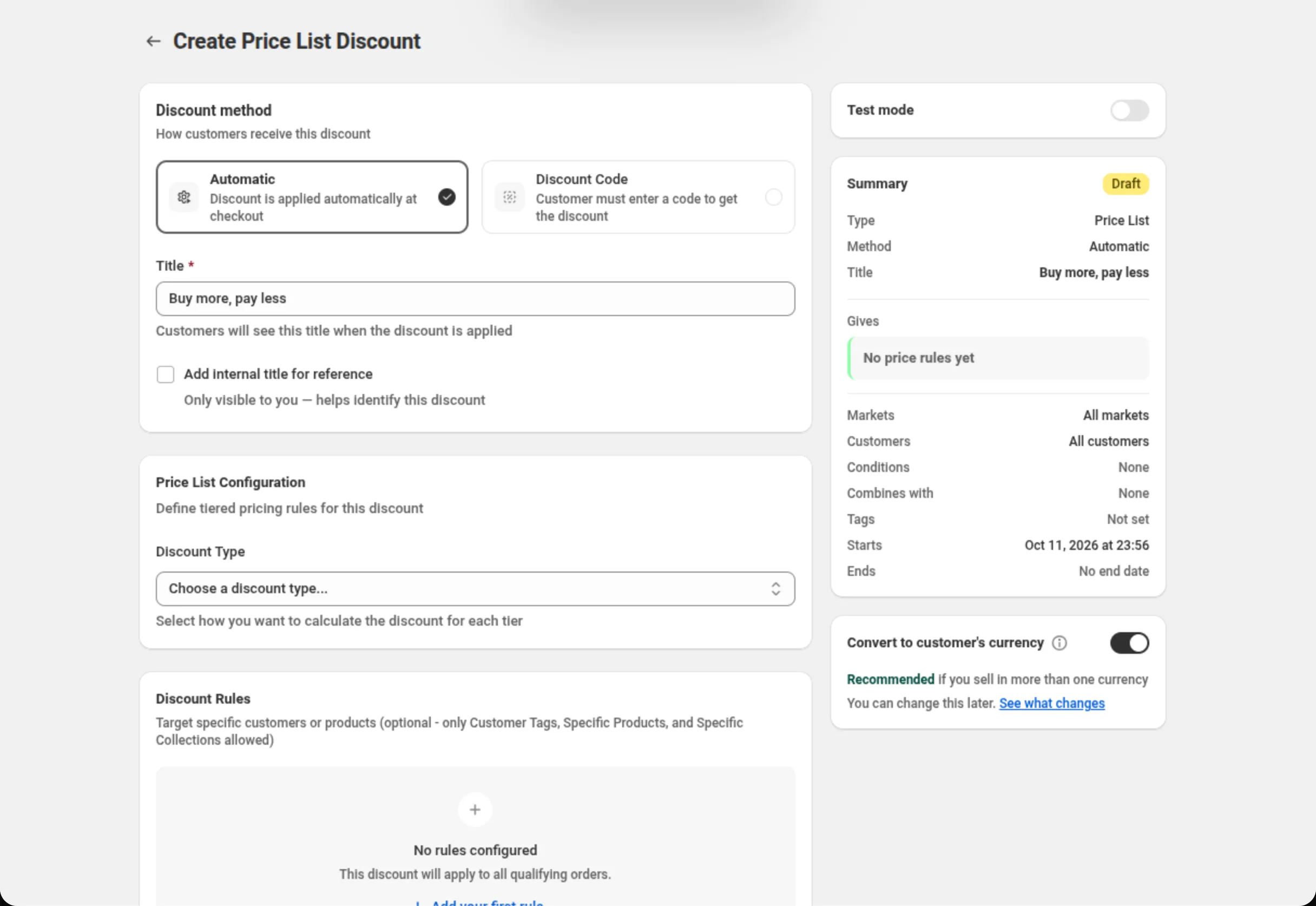 The Create Price List Discount page with the Title field reading Buy more, pay less, the Price List Configuration card showing the Discount Type select, an empty Discount Rules card, and a Summary card whose Gives row reads No price rules yet. Above the Summary, the Test mode card, switched off