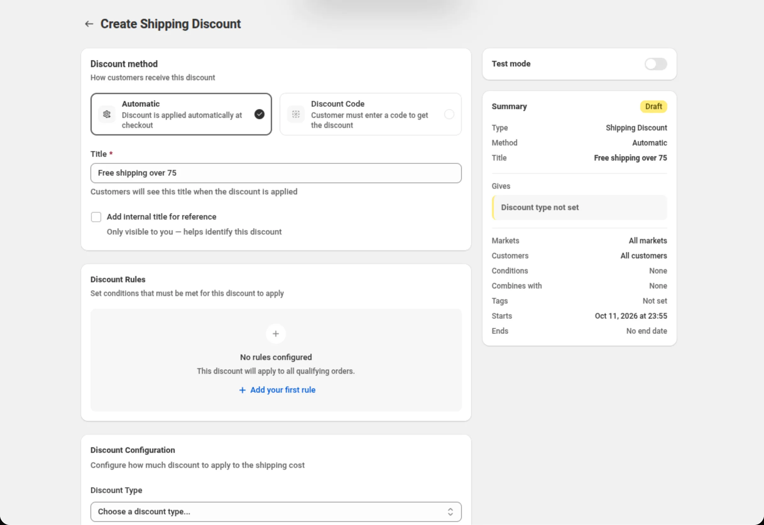 The Create Shipping Discount page with the Discount method card set to Automatic, the Title field reading Free shipping over 75, an empty Discount Rules card, and a Summary card showing Type, Method, Title, Gives, Markets, Customers, Conditions, Combines with, Tags, Starts and Ends. Above the Summary, the Test mode card, switched off