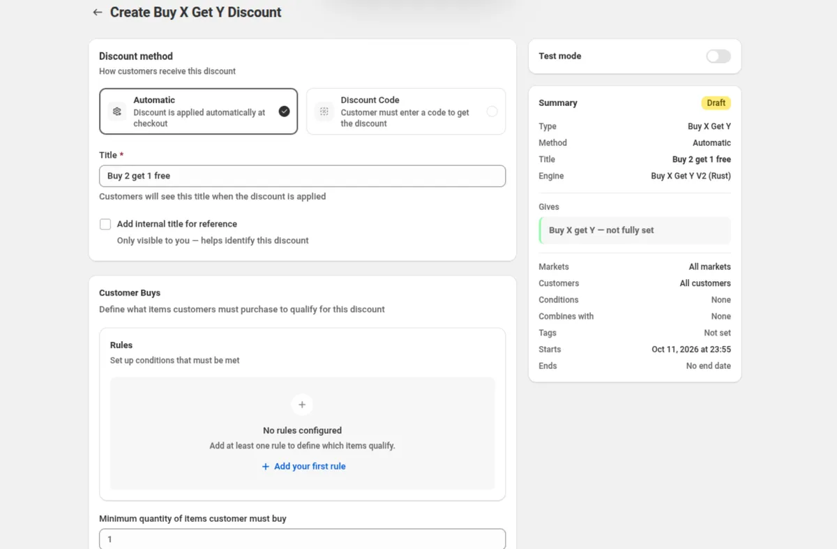 The DiscountOS Create Buy X Get Y Discount page: Discount method set to Automatic, Title Buy 2 get 1 free, the Add internal title for reference checkbox unticked, and a Customer Buys card with No rules configured and an Add your first rule link. The Summary on the right shows Type Buy X Get Y, Method Automatic, Title Buy 2 get 1 free, Markets All markets, Customers All customers, Conditions None and Combines with None.