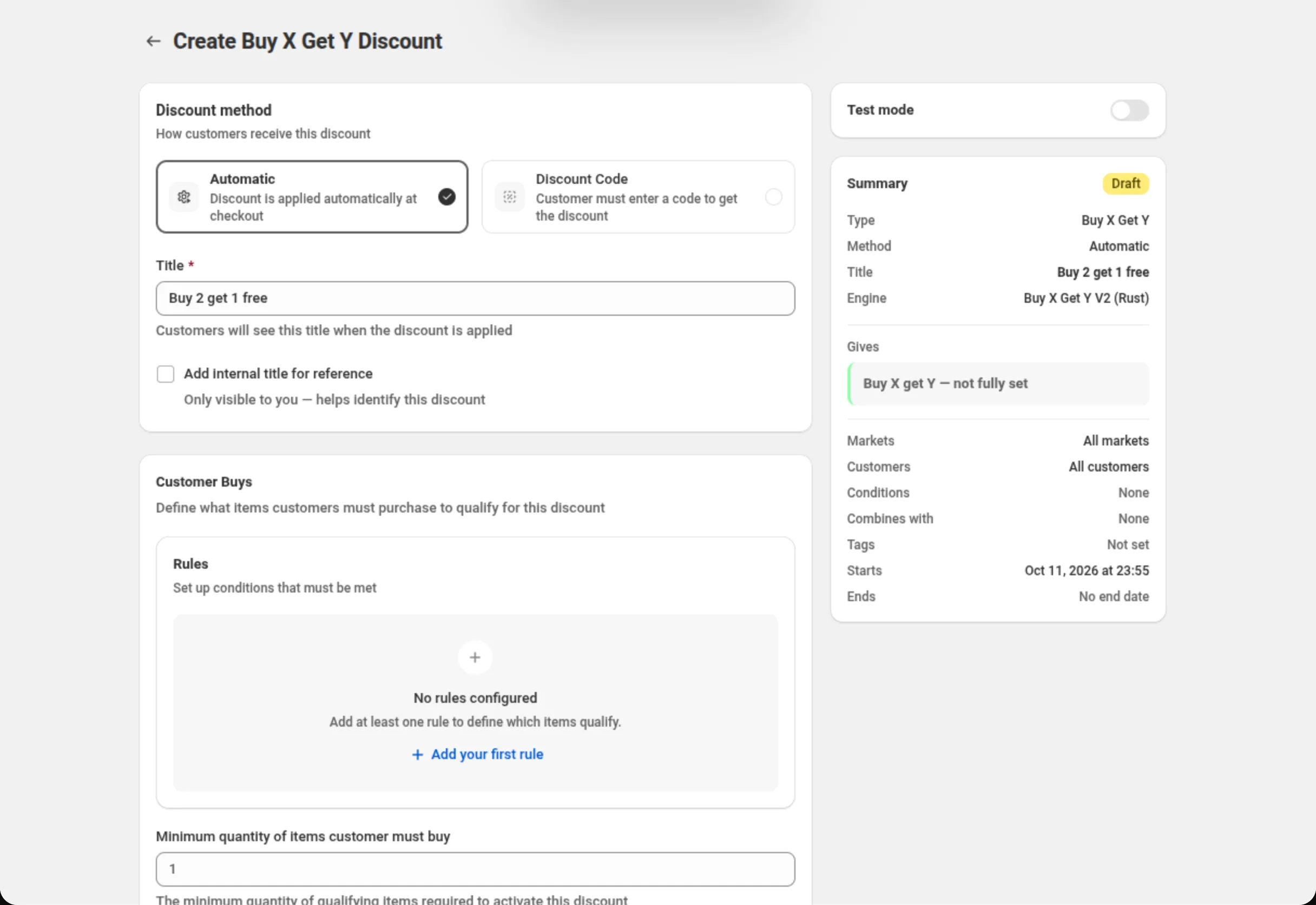 The Create Buy X Get Y Discount page with the Discount method card set to Automatic, the Title field reading Buy 2 get 1 free, the Customer Buys card with an empty rules builder and an Add your first rule button, and the Summary card on the right. Above the Summary, the Test mode card, switched off