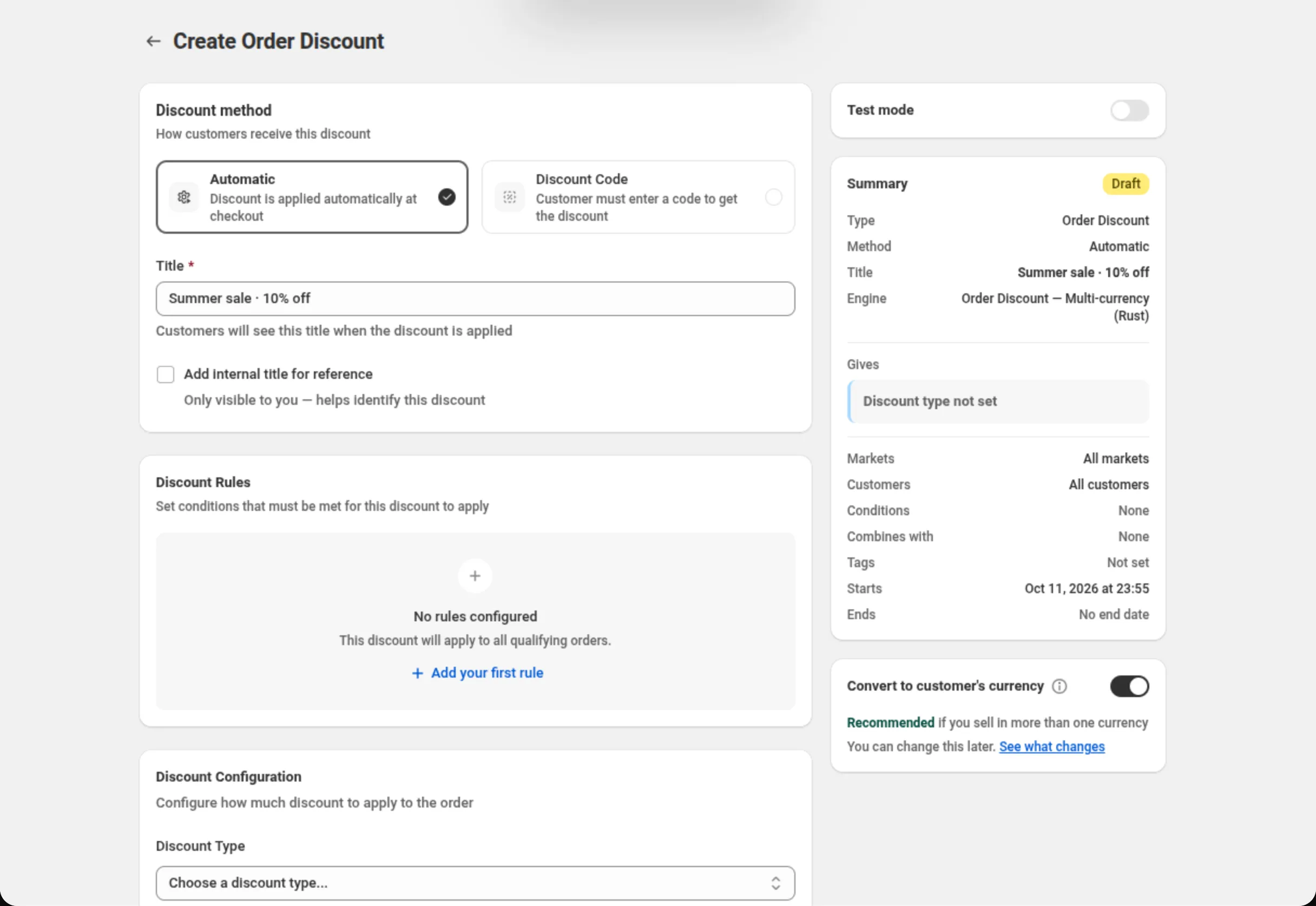 The Create Order Discount page with Automatic selected in the Discount method card and Summer sale · 10% off typed into the Title field. On the right, the Test mode card, switched off, above the Summary card, which shows Type Order Discount, Method Automatic and the title.