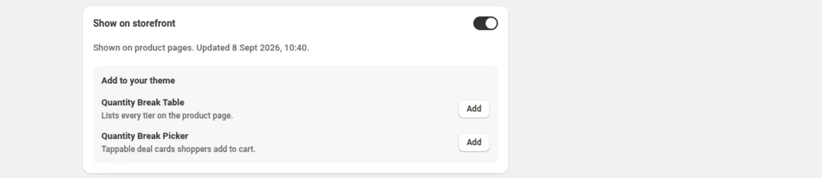 The Show on storefront card of a DiscountOS Quantity Break discount, switched on, with the status Shown on product pages and an Add to your theme panel listing two blocks, each with an Add button: Quantity Break Table, Lists every tier on the product page, and Quantity Break Picker, Tappable deal cards shoppers add to cart.