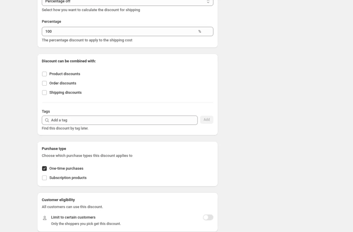 The Discount Configuration card of a DiscountOS shipping discount with the subtitle Configure how much discount to apply to the shipping cost: Discount Type set to Percentage off and Percentage set to 100. Below it, Discount can be combined with: Product discounts, Order discounts and Shipping discounts, all unticked; Purchase type with One-time purchases ticked and Subscription products unticked; and Customer eligibility reading All customers can use this discount, with Limit to customer segments switched off.