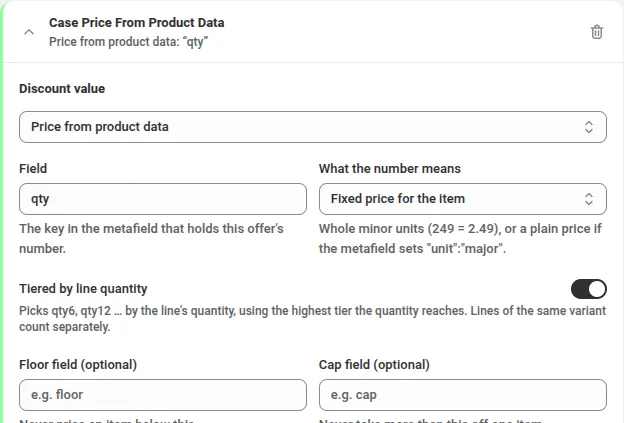 A product offer card with Discount value set to Price from product data, a Field box containing qty, What the number means set to Fixed price for the item, Tiered by line quantity switched on, and empty Floor field and Cap field boxes