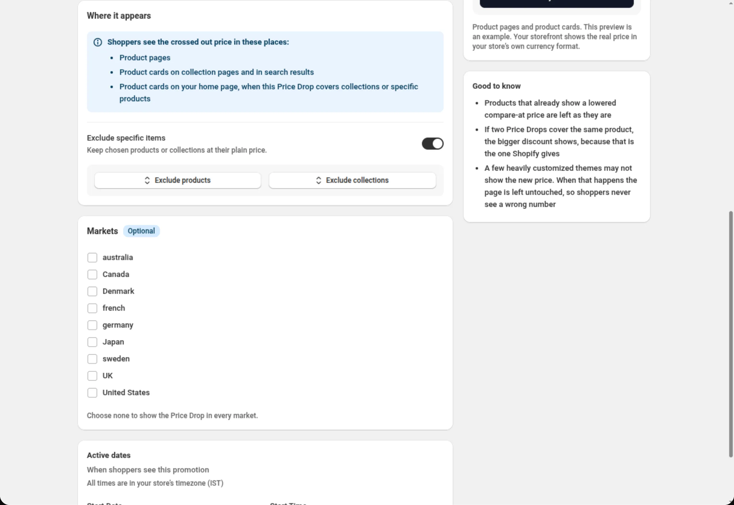 The Where it appears card listing where shoppers see the crossed-out price, with Exclude specific items switched on showing the Exclude products and Exclude collections pickers, followed by the optional Markets card