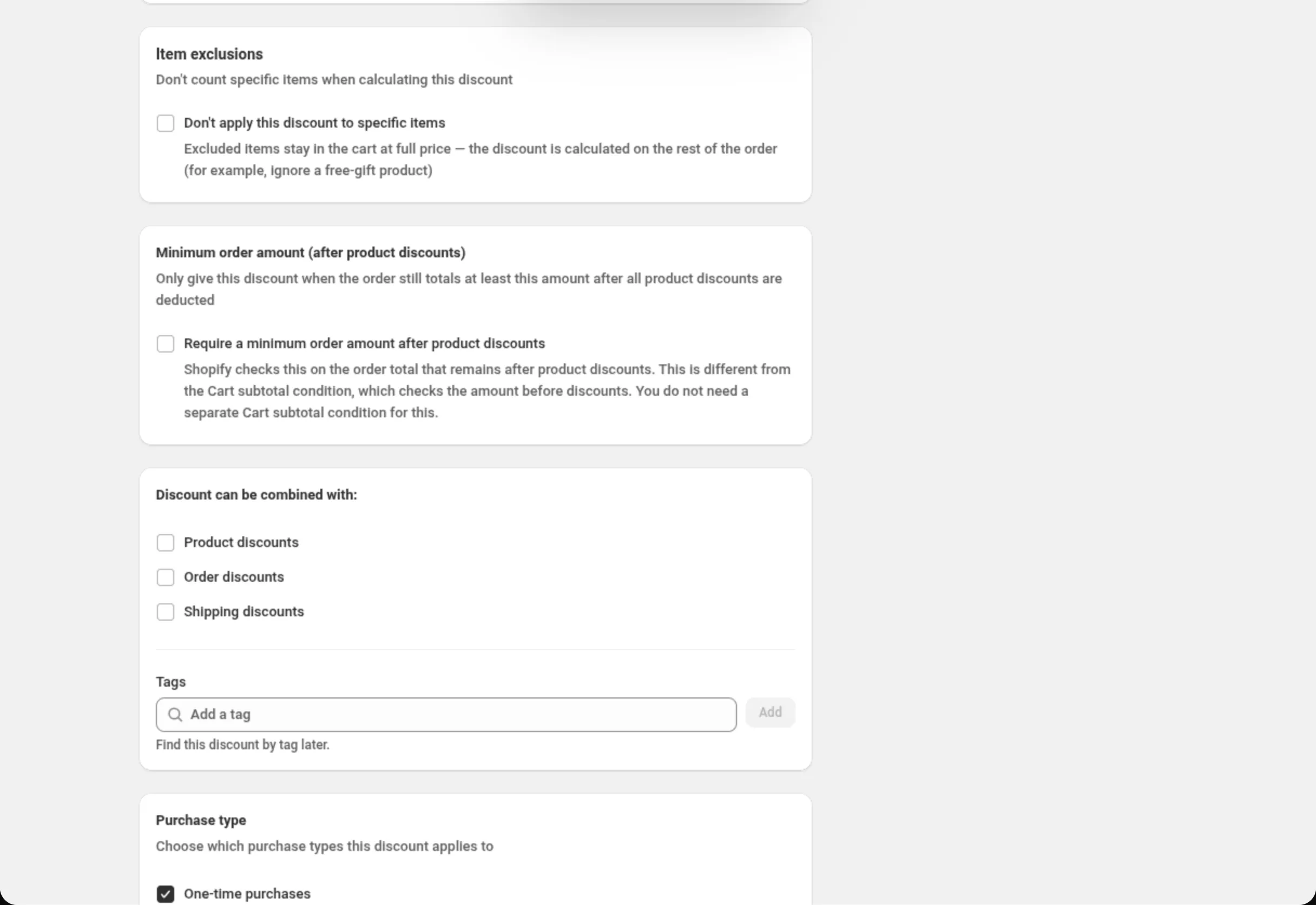 The Item exclusions card, the Minimum order amount (after product discounts) card, the Discount can be combined with card with its empty Tags field, and the Purchase type card, all at their default settings
