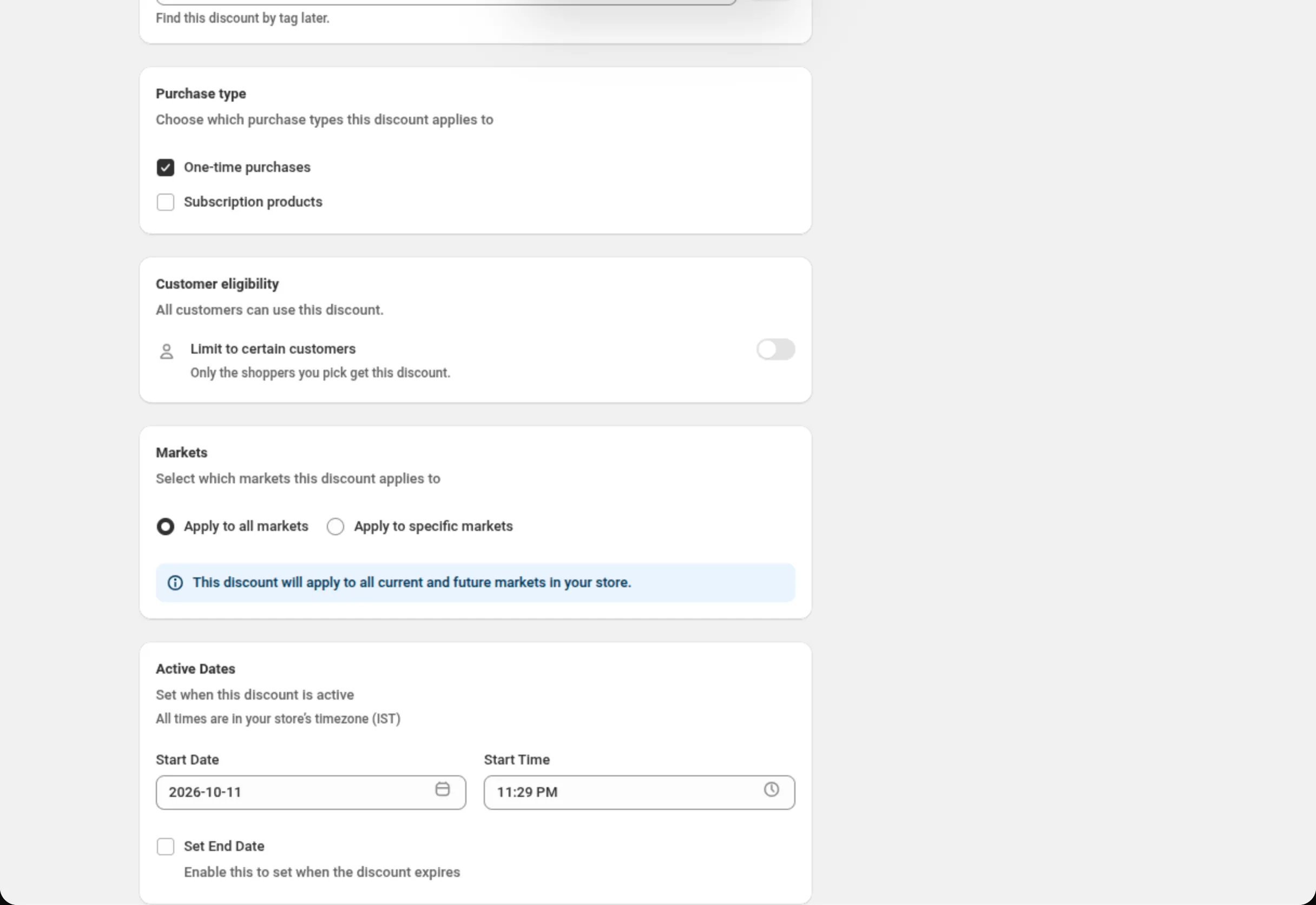 The Purchase type, Customer eligibility, Markets and Active Dates cards, with Limit to certain customers switched off, Apply to all markets and a start date and time in the store's timezone