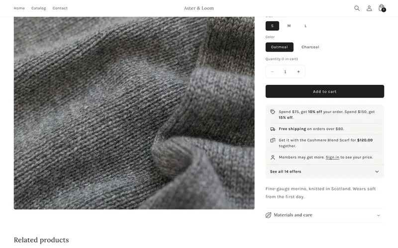 A product page scrolled to the buy area: size and colour buttons, quantity, a black Add to cart button, and under it a light grey box with four lines: Spend $75, get 10% off your order. Spend $150, get 15% off. Free shipping on orders over $80. Get it with the Cashmere Blend Scarf for $120.00 together. Members may get more. Sign in to see your price. Then See all 14 offers