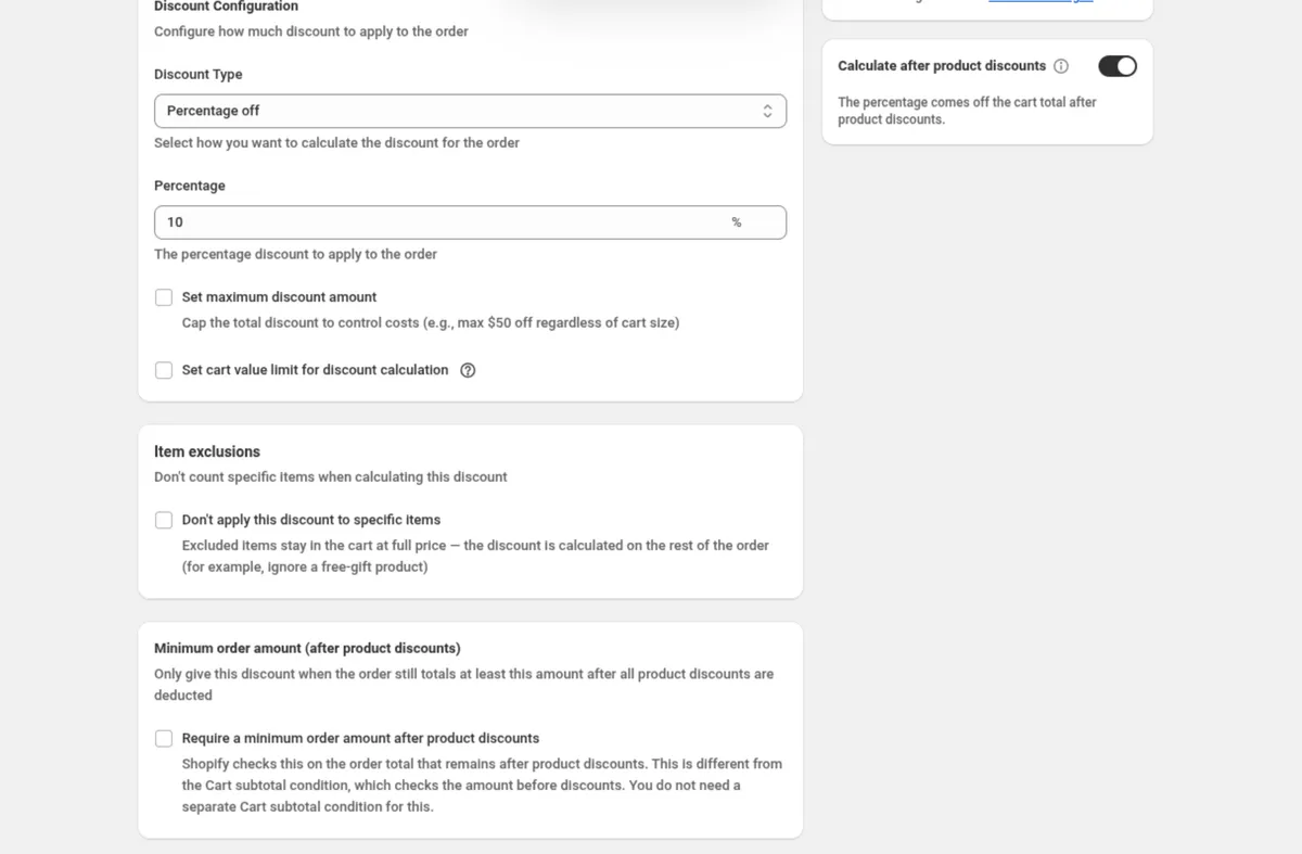 The Discount Configuration card of a DiscountOS order discount: Discount Type set to Percentage off, Percentage set to 10, then two unticked checkboxes, Set maximum discount amount with the help text Cap the total discount to control costs (e.g., max $50 off regardless of cart size), and Set cart value limit for discount calculation with a help icon. Below it, the Item exclusions card with Don't apply this discount to specific items unticked.