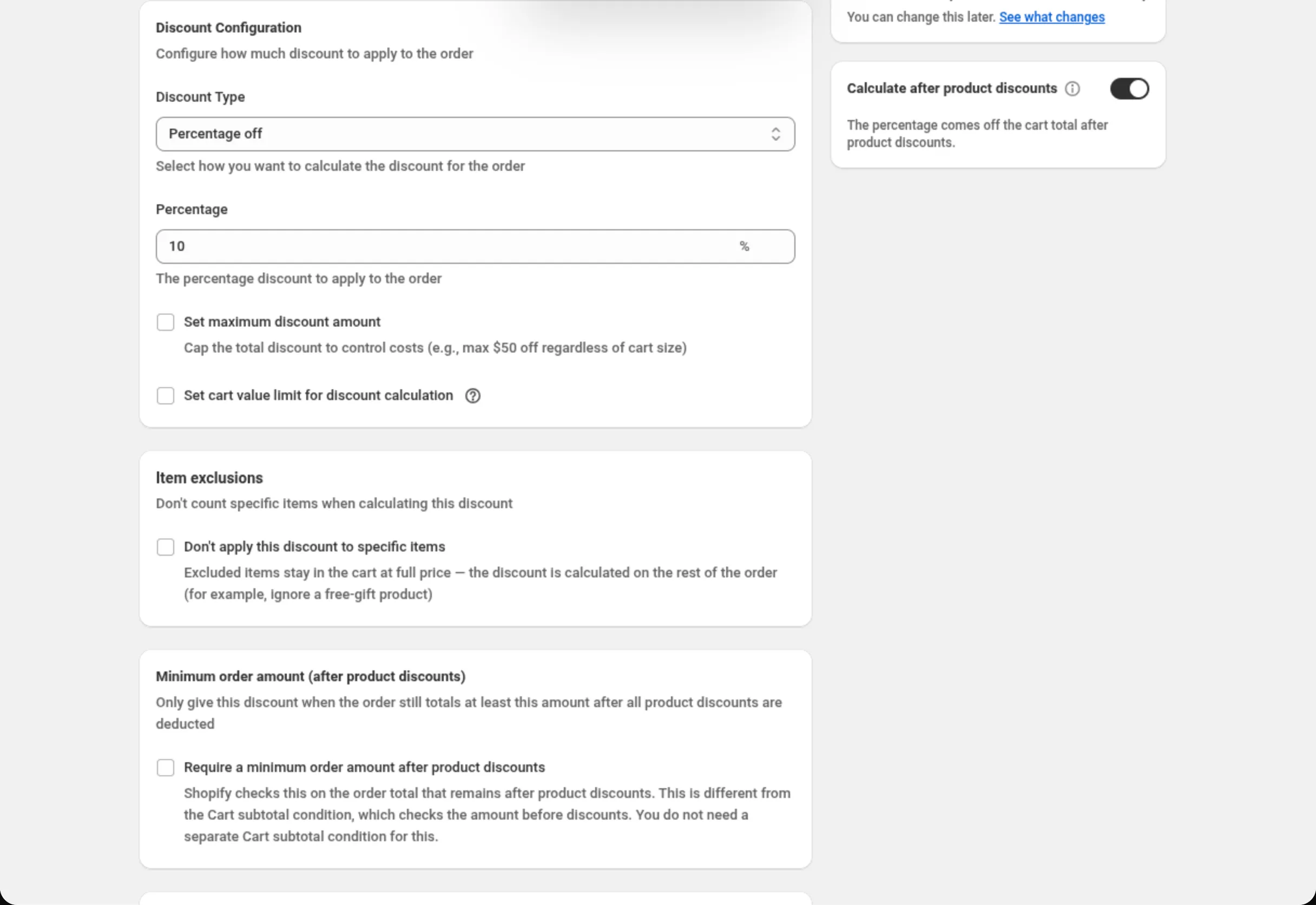 The Discount Configuration card with Discount Type set to Percentage off and Percentage set to 10, above the Item exclusions and Minimum order amount cards, all checkboxes unticked; on the right the Calculate after product discounts card switched on.