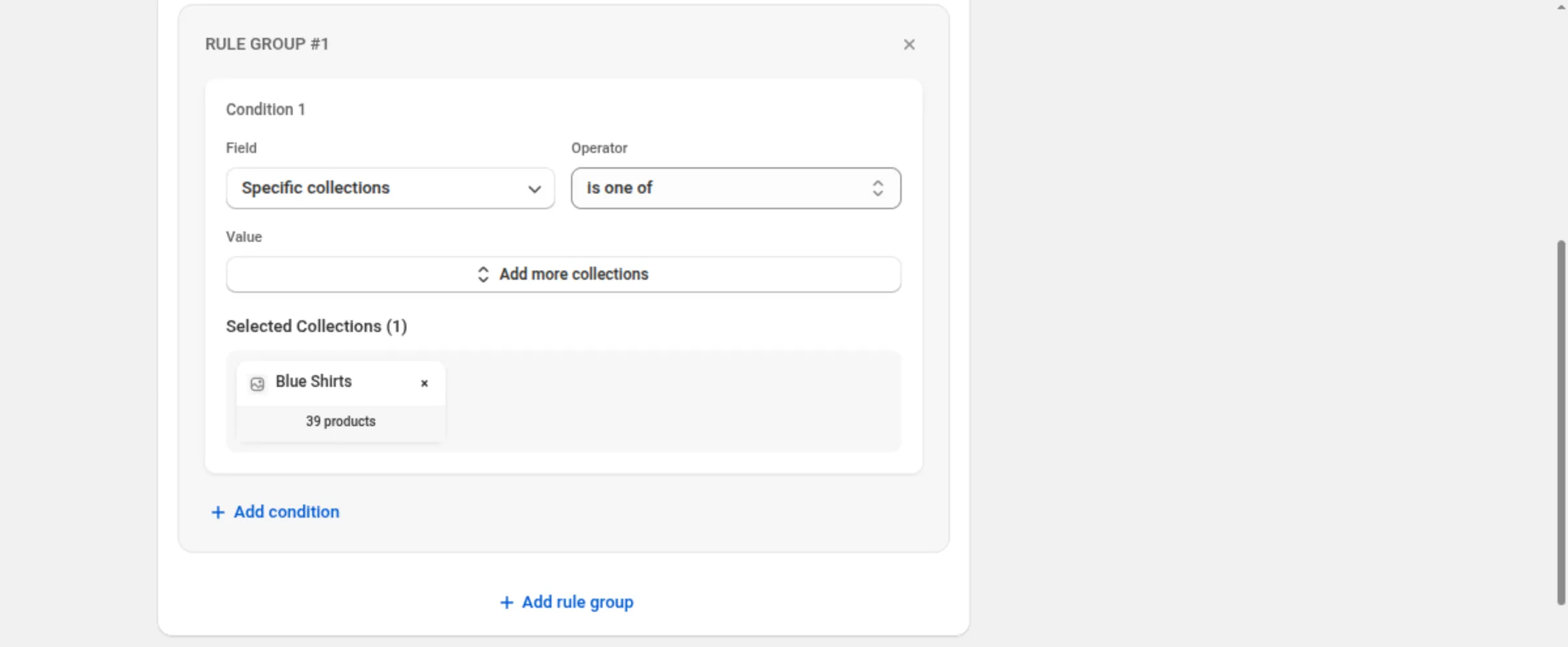 RULE GROUP #1 on a product discount, with one condition reading Specific collections, is one of, Blue Shirts