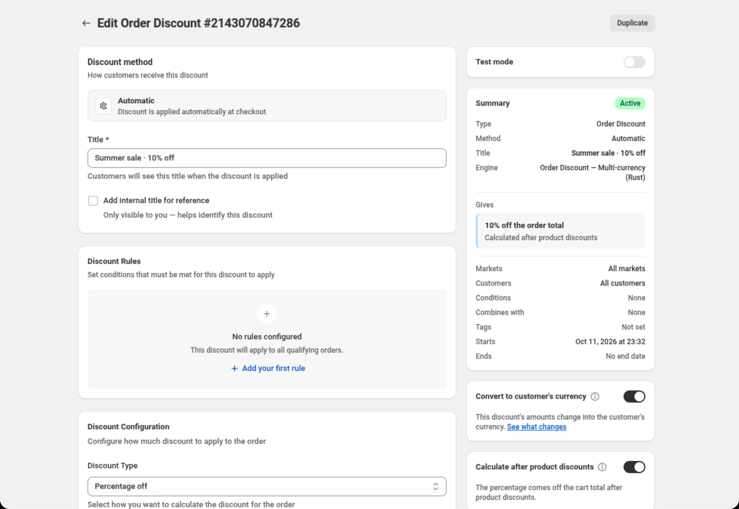 The saved discount open for editing. On the right, Test mode switched off above the Summary card, which shows an Active badge, Type Order Discount, Method Automatic, Title Summer sale · 10% off, and Gives 10% off the order total with Calculated after product discounts under it; below, Convert to customer's currency and Calculate after product discounts, both on.