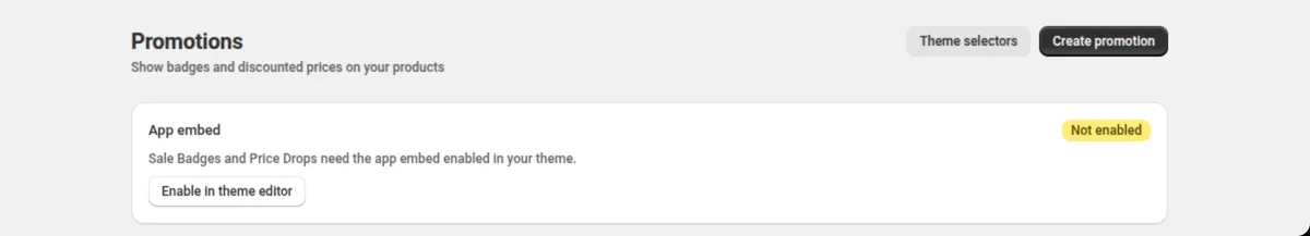 The Promotions page header in DiscountOS with the App embed card and its Enable in theme editor button