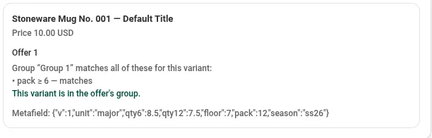 A Check a product result showing Group 1 matches all of these for this variant, the line pack is greater than or equal to 6 marked matches, and the conclusion This variant is in the offer's group