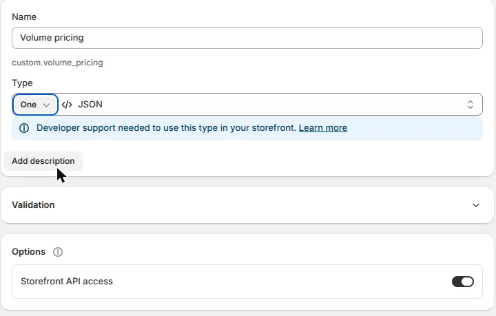 The Add variant metafield definition screen with Name set to Volume pricing, the generated address custom.volume_pricing shown underneath, and Type set to JSON