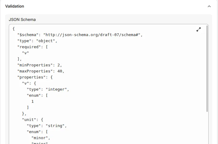 The Validation section of the definition screen, expanded, with the JSON schema pasted into the JSON Schema box and formatted