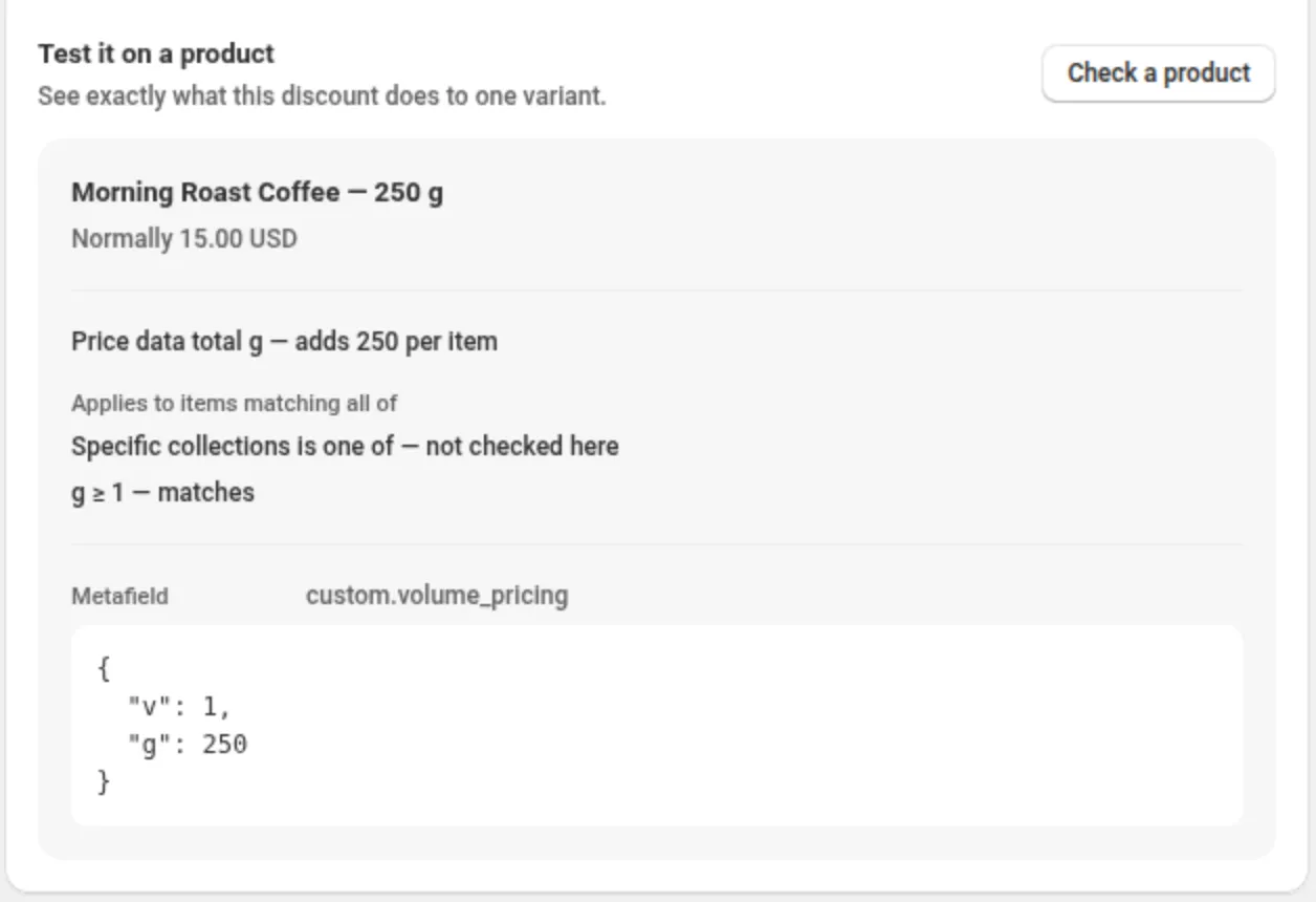 A Check a product result for Morning Roast Coffee 250 g at 15.00 USD showing Price data total g adds 250 per item, the group check g is greater than or equal to 1 matches, and the variant's metafield v 1, g 250