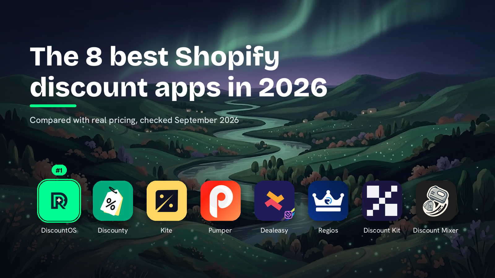 Eight Shopify discount app icons in a row with their ratings, DiscountOS first and ringed #1.